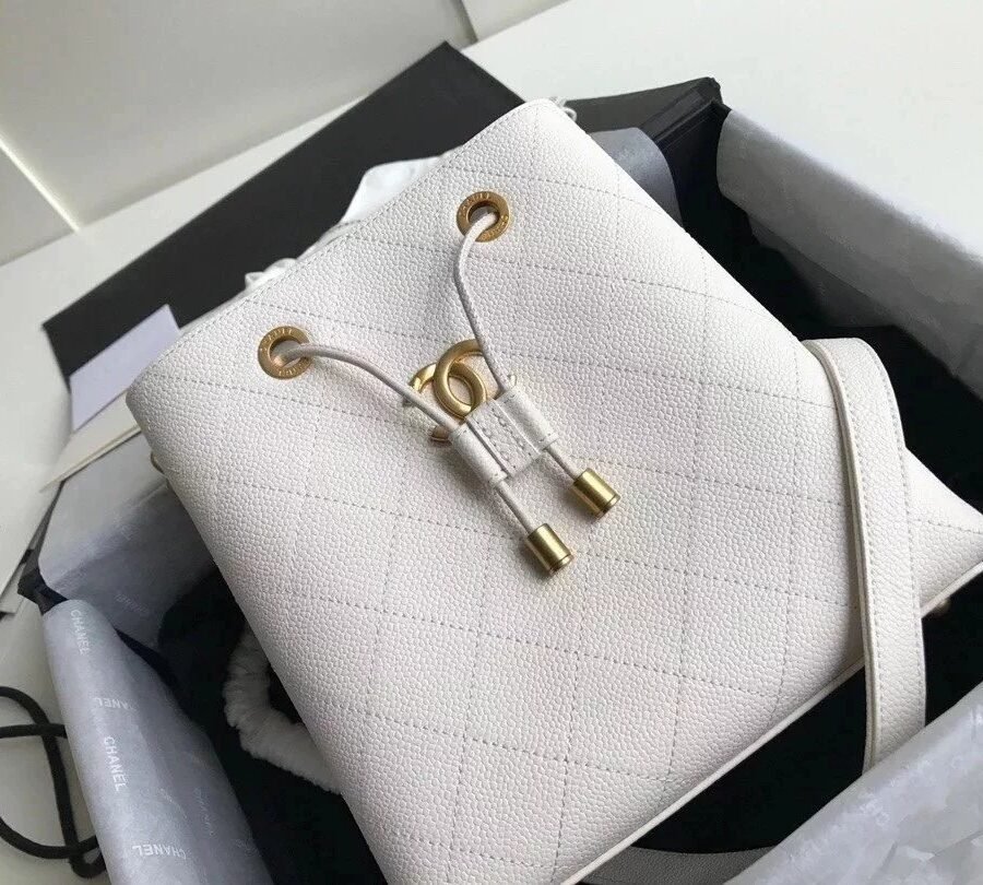 Chanel bucket bag , white leather with gold hardware
