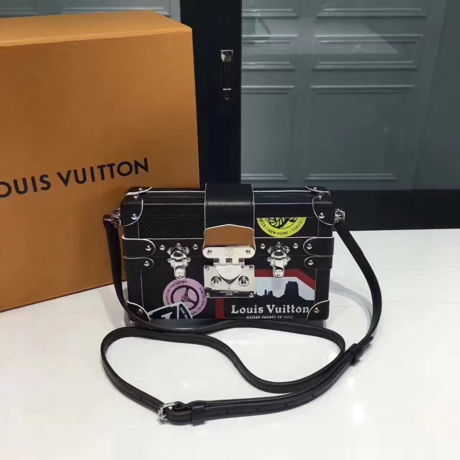 petite malle , black leather with box flower