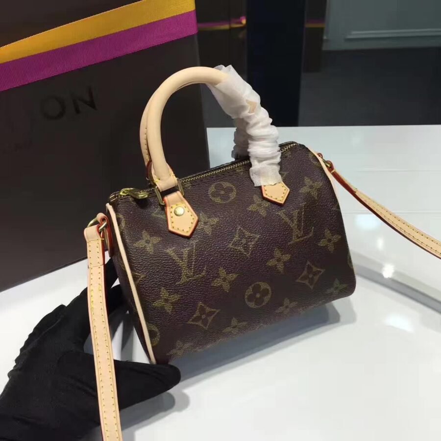 mini speedy , brown leather with monogram
