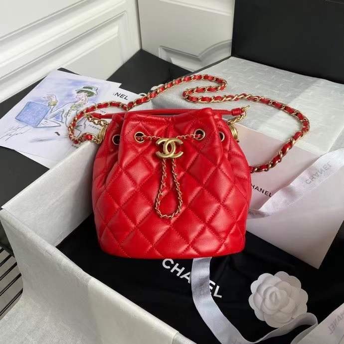 drawstring bucket bag , red leather with bucket bag
