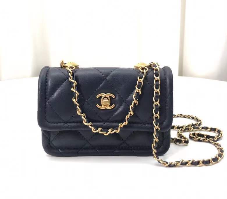 button on top , black leather with flap bag