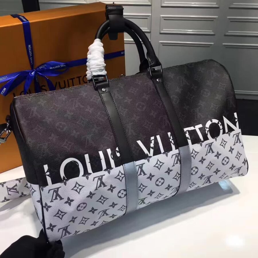 keepall bandouliere bag , black white leather with two tone monogram