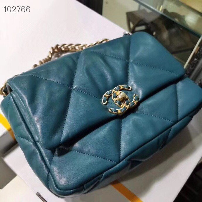 Chanel 19 , cyan leather with gold hardware