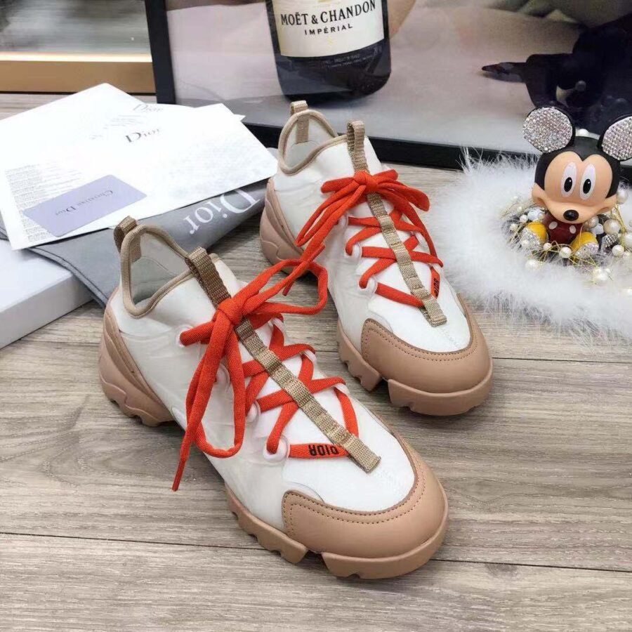 D Connect Sneakers , White Fabric with Red laces